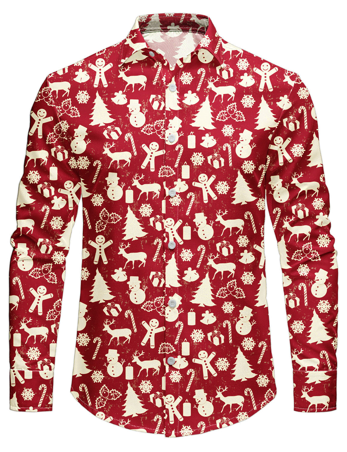 Camisa de manga larga para hombre con estampado festivo rojo de reno navideño