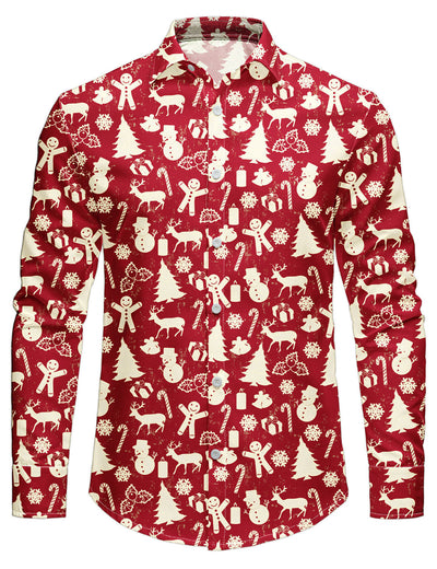 Camisa de manga larga para hombre con estampado festivo rojo de reno navideño