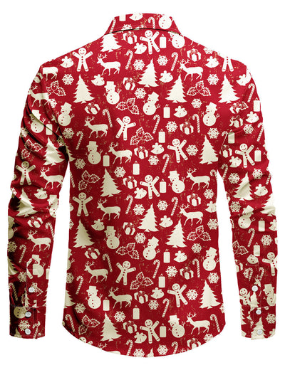 Camisa de manga larga para hombre con estampado festivo rojo de reno navideño