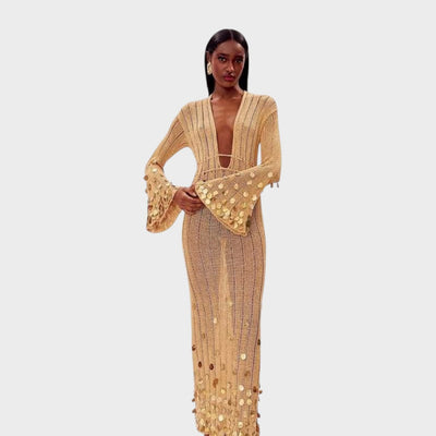 Capri | Elegante Vestido Largo de Crochet Con Detalles Brillantes