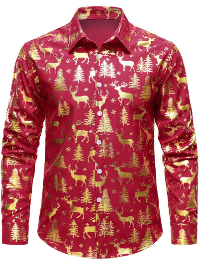 Camisa roja de manga larga para hombre con estampado festivo navideño de reno dorado