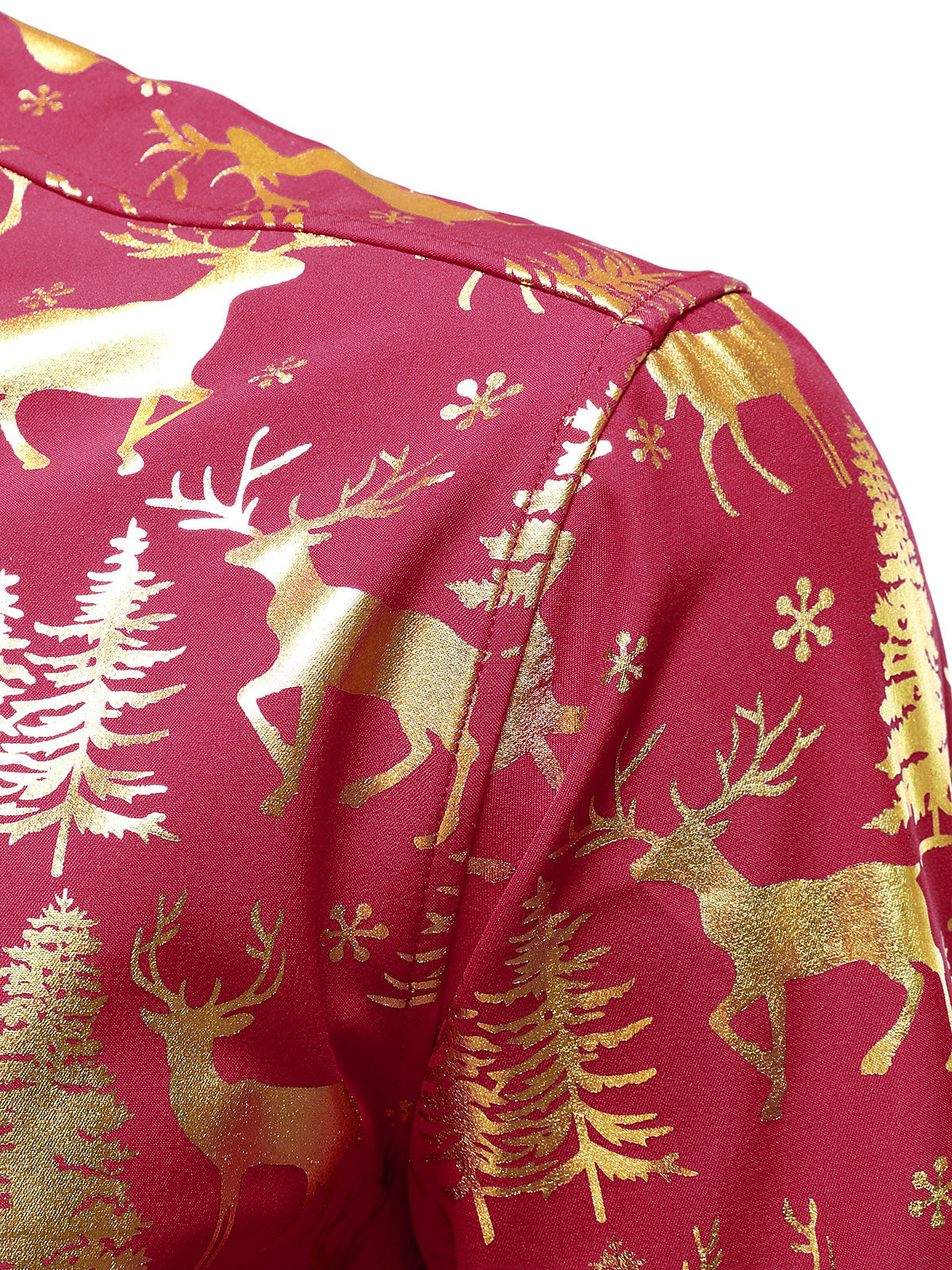 Camisa roja de manga larga para hombre con estampado festivo navideño de reno dorado