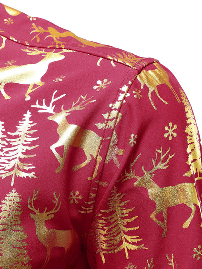 Camisa roja de manga larga para hombre con estampado festivo navideño de reno dorado