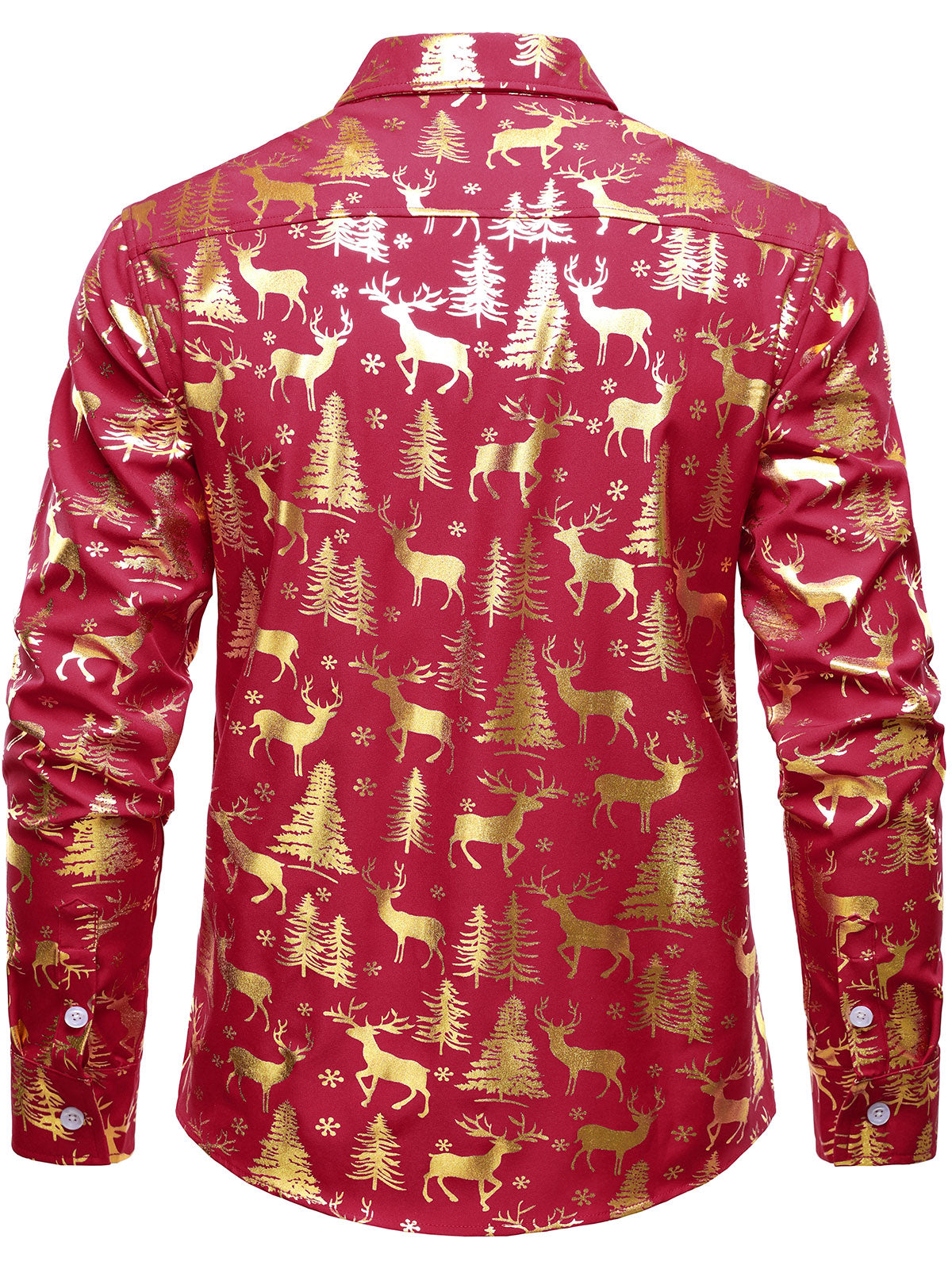 Camisa roja de manga larga para hombre con estampado festivo navideño de reno dorado
