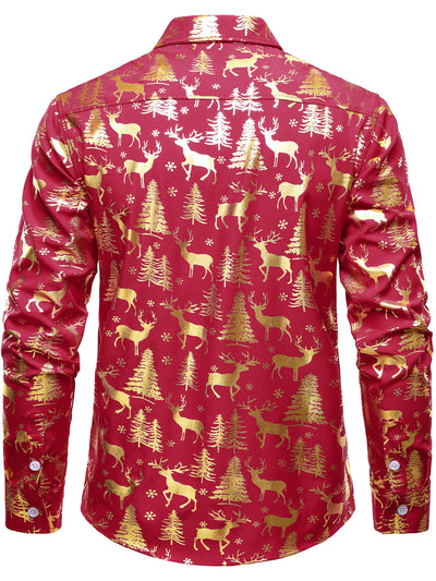 Camisa roja de manga larga para hombre con estampado festivo navideño de reno dorado