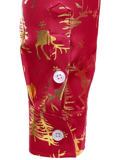 Camisa roja de manga larga para hombre con estampado festivo navideño de reno dorado