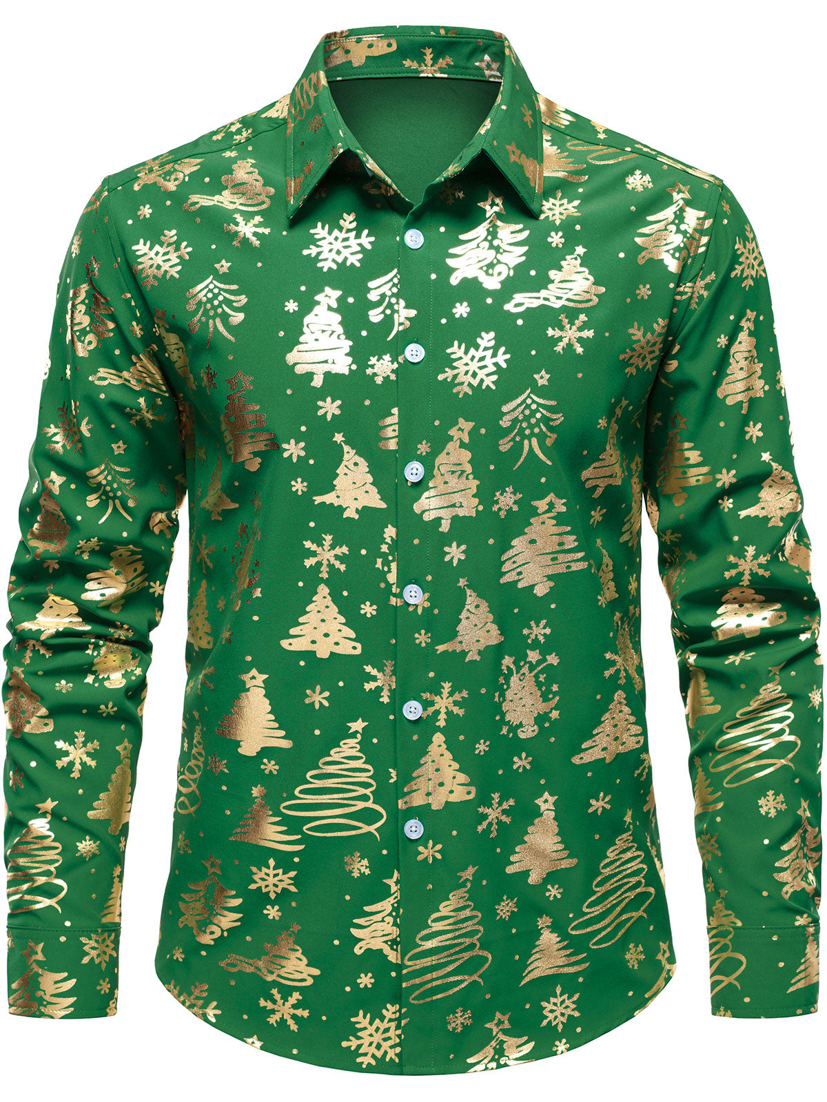 Camisa verde de manga larga para hombre con estampado navideño dorado y ajuste regular