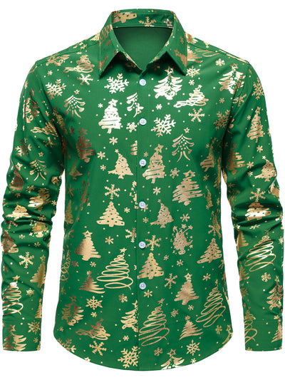 Camisa verde de manga larga para hombre con estampado navideño dorado y ajuste regular