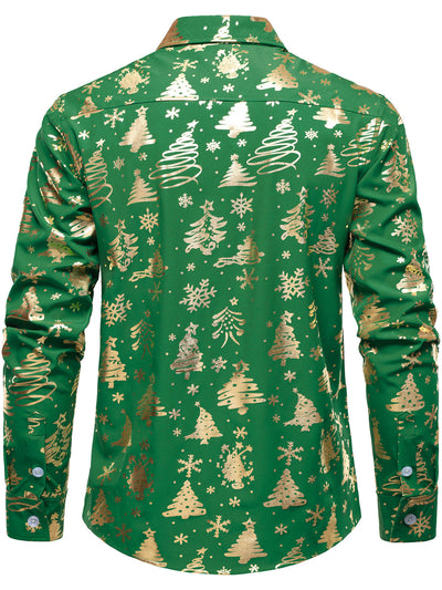 Camisa verde de manga larga para hombre con estampado navideño dorado y ajuste regular