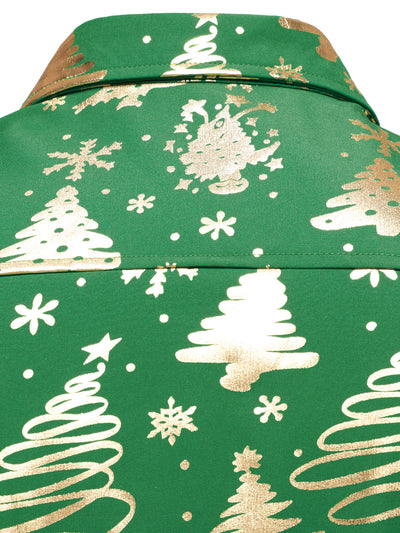 Camisa verde de manga larga para hombre con estampado navideño dorado y ajuste regular
