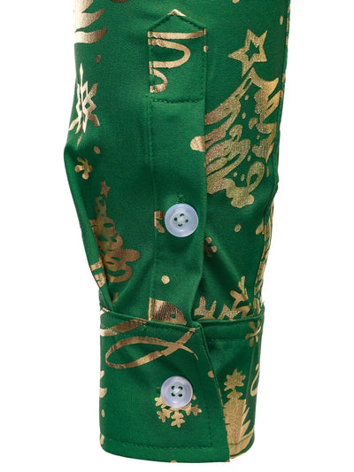 Camisa verde de manga larga para hombre con estampado navideño dorado y ajuste regular