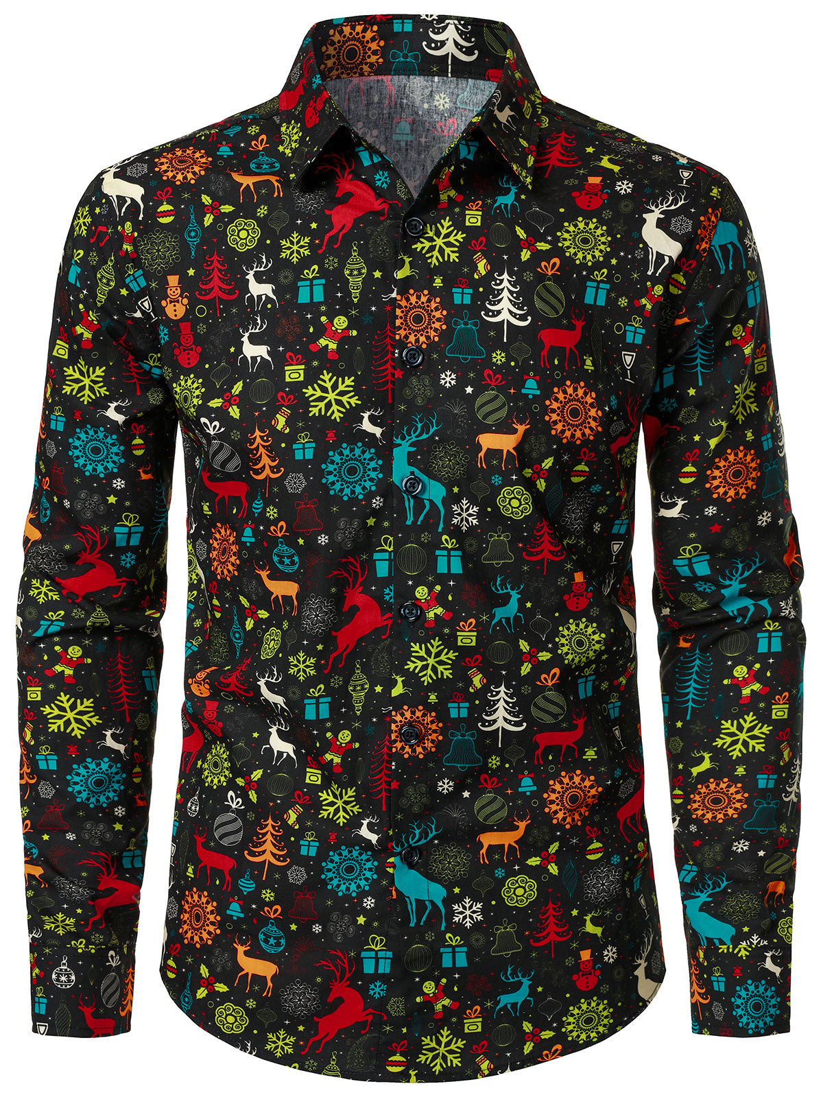 Camisa de manga larga para hombre con reno navideño divertido y copos de nieve