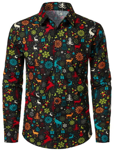 Camisa de manga larga para hombre con reno navideño divertido y copos de nieve