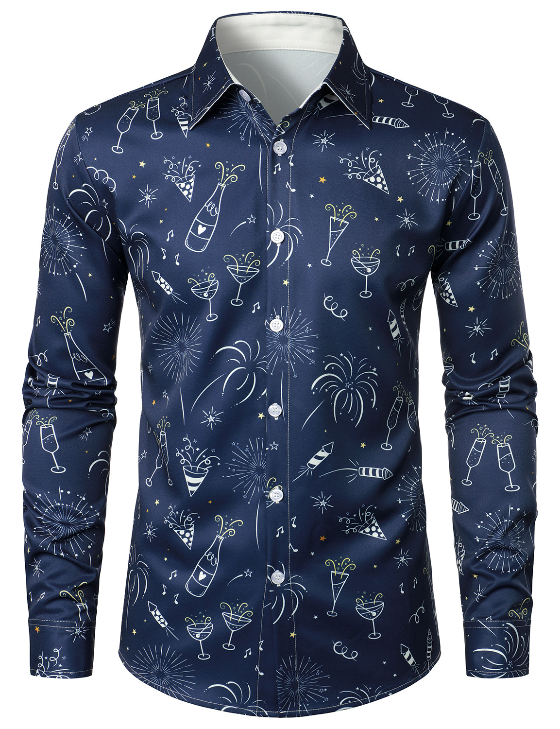 Camisa azul de manga larga para hombre con estampado de fuegos artificiales para vacaciones y fiesta de Año Nuevo