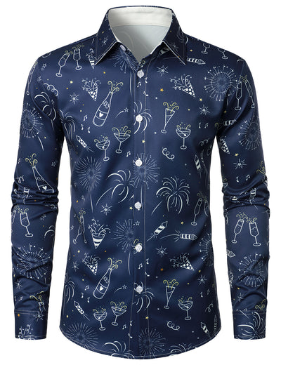 Camisa azul de manga larga para hombre con estampado de fuegos artificiales para vacaciones y fiesta de Año Nuevo