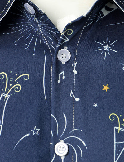 Camisa azul de manga larga para hombre con estampado de fuegos artificiales para vacaciones y fiesta de Año Nuevo