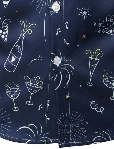 Camisa azul de manga larga para hombre con estampado de fuegos artificiales para vacaciones y fiesta de Año Nuevo