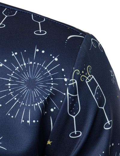 Camisa azul de manga larga para hombre con estampado de fuegos artificiales para vacaciones y fiesta de Año Nuevo