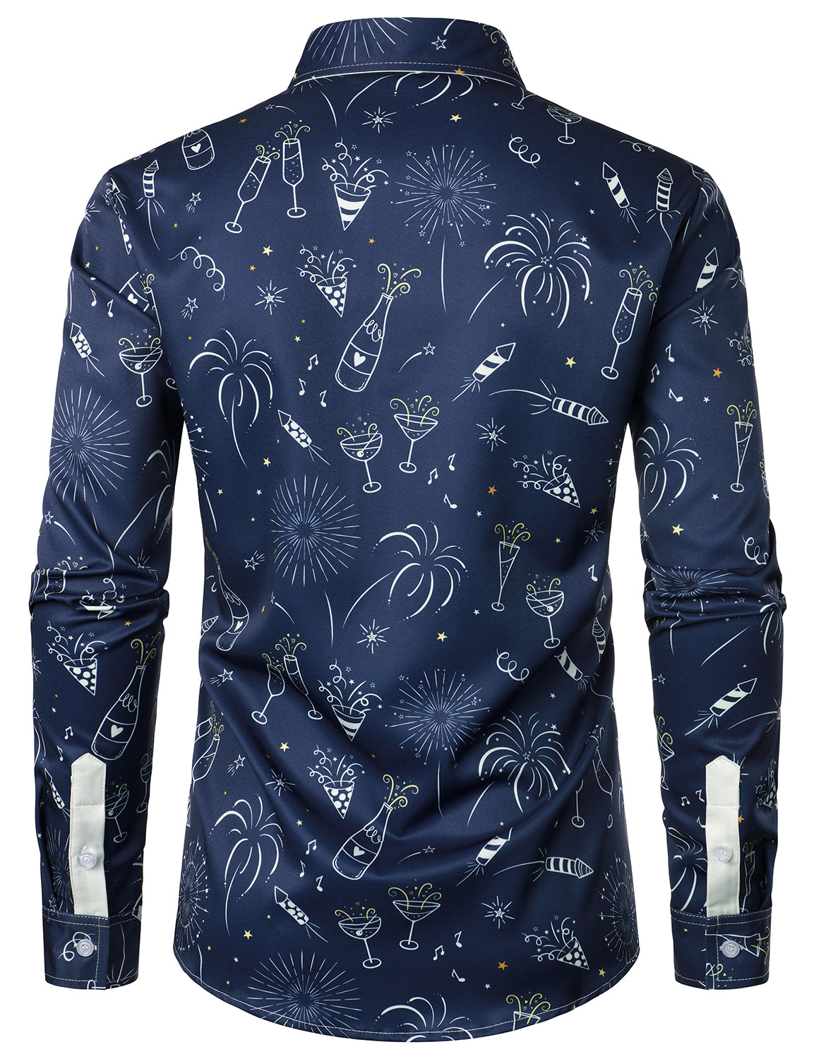 Camisa azul de manga larga para hombre con estampado de fuegos artificiales para vacaciones y fiesta de Año Nuevo