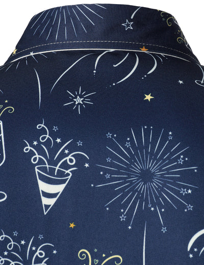 Camisa azul de manga larga para hombre con estampado de fuegos artificiales para vacaciones y fiesta de Año Nuevo