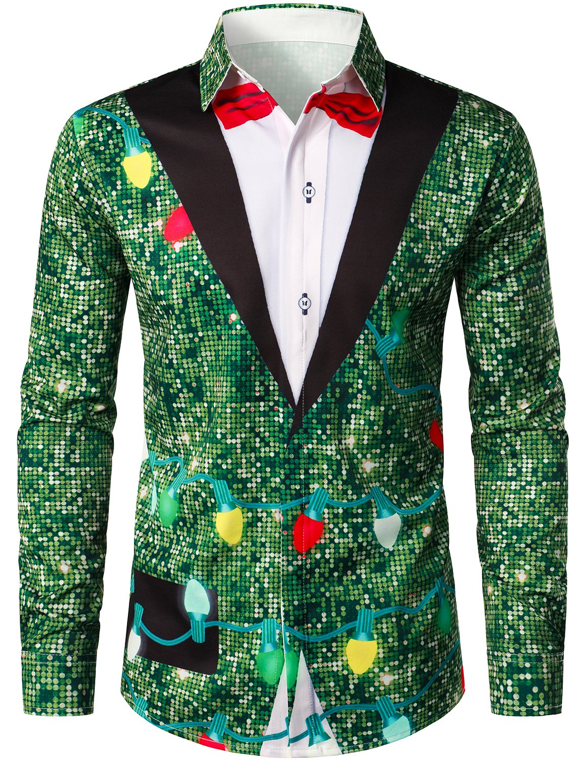 Camisa de manga larga para hombre con diseño divertido de árbol de Navidad y botones verdes para vacaciones