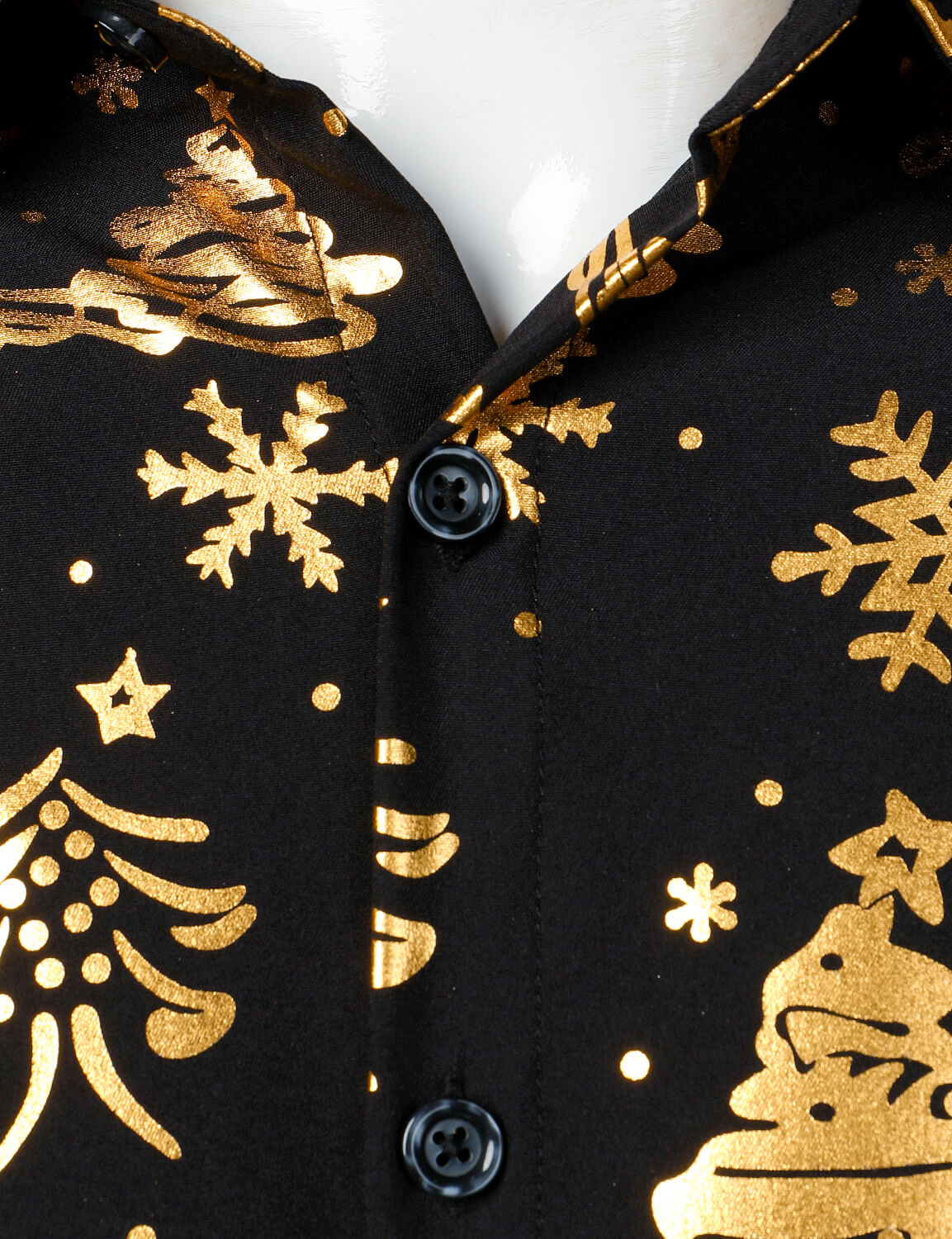 Camisa negra de manga larga para hombre con estampado navideño dorado
