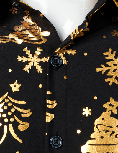 Camisa negra de manga larga para hombre con estampado navideño dorado