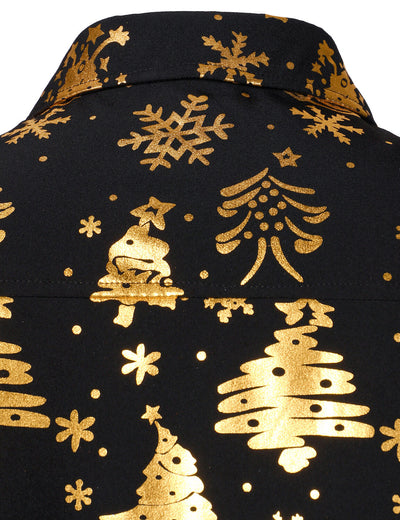 Camisa negra de manga larga para hombre con estampado navideño dorado