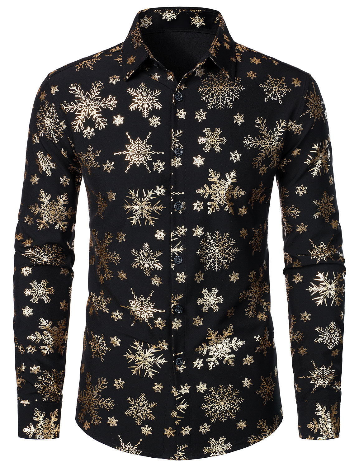 Camisa de manga larga para hombre con estampado navideño de copos de nieve dorados