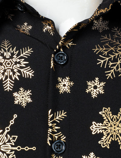 Camisa de manga larga para hombre con estampado navideño de copos de nieve dorados