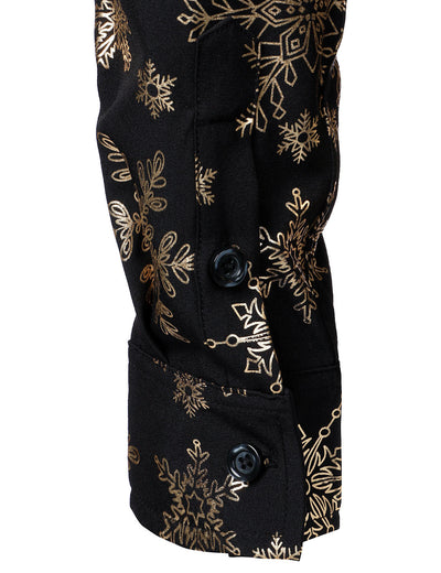 Camisa de manga larga para hombre con estampado navideño de copos de nieve dorados