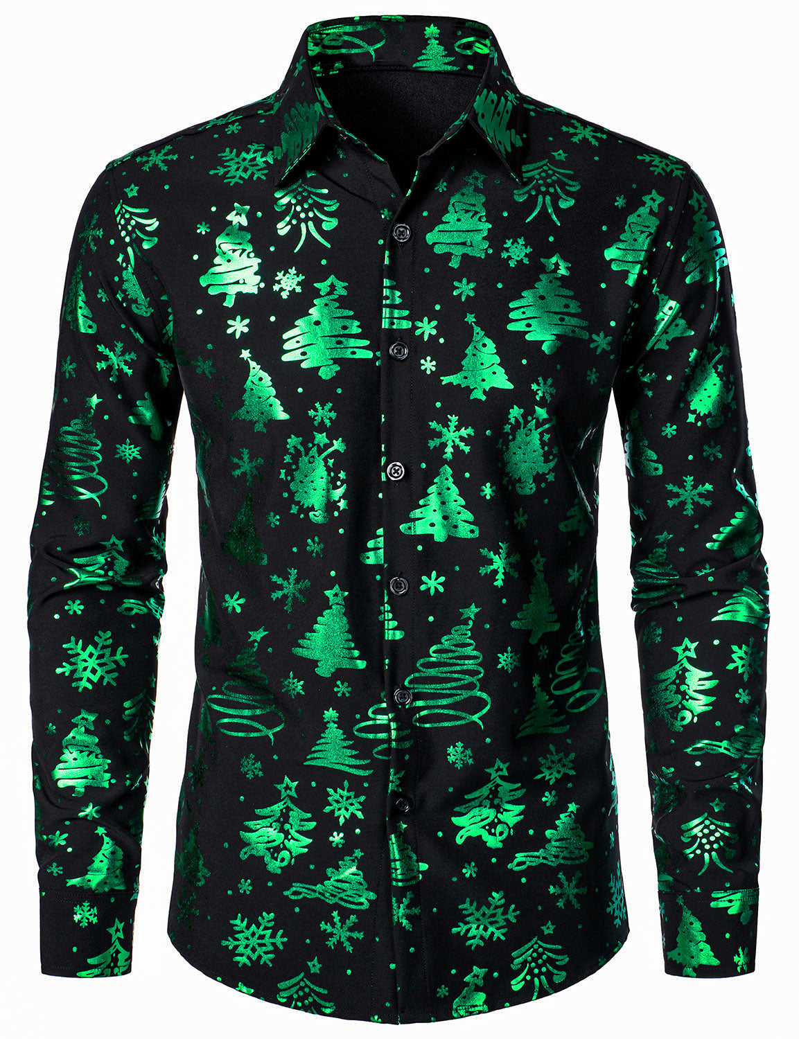 Camisa verde de manga larga para hombre con estampado navideño y ajuste regular