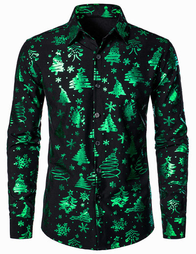 Camisa verde de manga larga para hombre con estampado navideño y ajuste regular