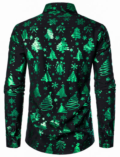Camisa verde de manga larga para hombre con estampado navideño y ajuste regular