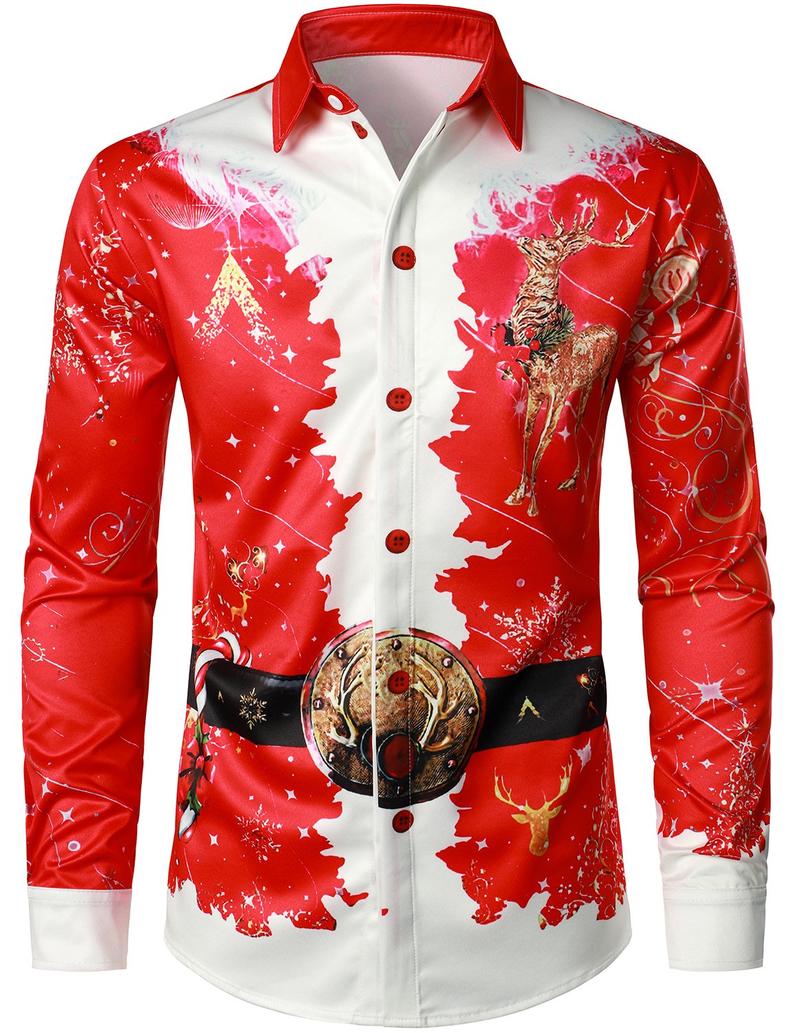 Camisa roja de manga larga para hombre con diseño navideño divertido y botones para vacaciones