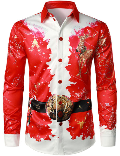 Camisa roja de manga larga para hombre con diseño navideño divertido y botones para vacaciones