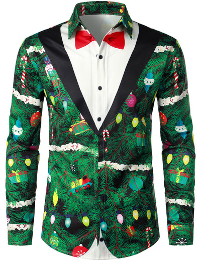 Camisa de manga larga para hombre con estampado de camuflaje de árbol de Navidad y ajuste regular de temática divertida