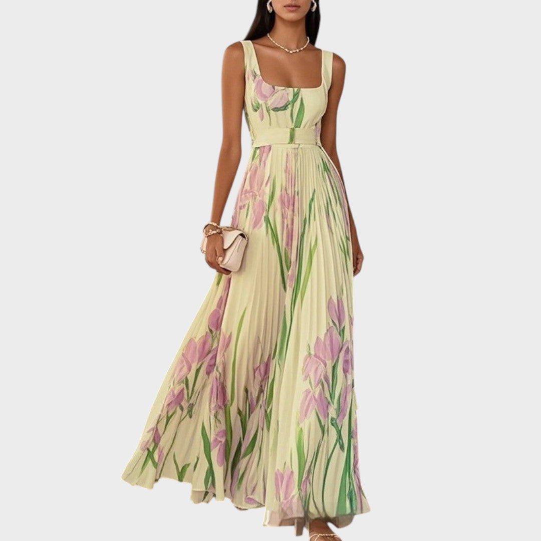 Luxe | Vestido largo plisado con escote cuadrado y flores de gasa