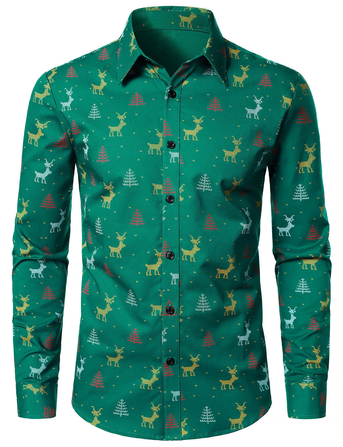 Camisa verde de manga larga para hombre con estampado transpirable de ciervos y árboles de Navidad