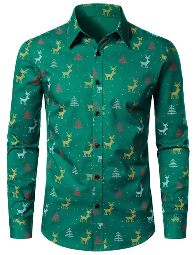 Camisa verde de manga larga para hombre con estampado transpirable de ciervos y árboles de Navidad