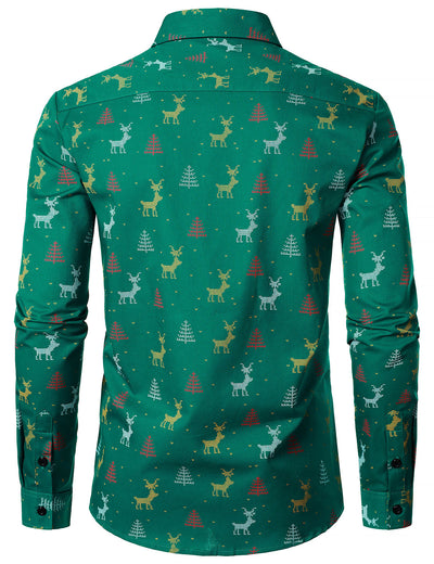 Camisa verde de manga larga para hombre con estampado transpirable de ciervos y árboles de Navidad