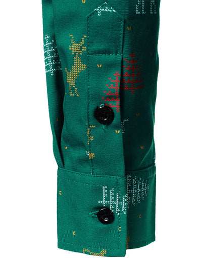 Camisa verde de manga larga para hombre con estampado transpirable de ciervos y árboles de Navidad