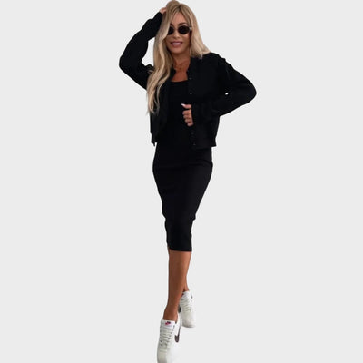 Karin | Conjunto de Vestido Midi Y Chaqueta Bomber De Canalé