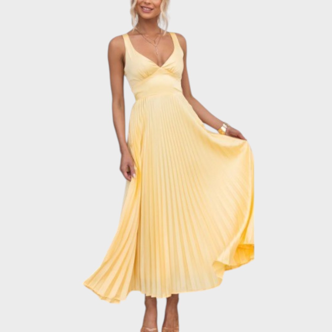 Noa | Vestido Largo Amarillo Plisado Con Cuello En V