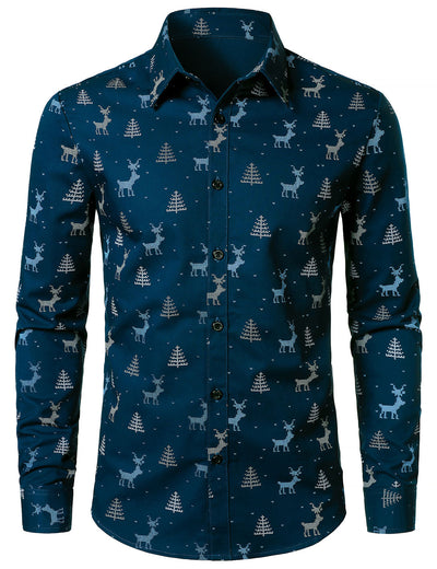 Camisa azul marino de manga larga para hombre con estampado de alce y árbol de Navidad transpirable