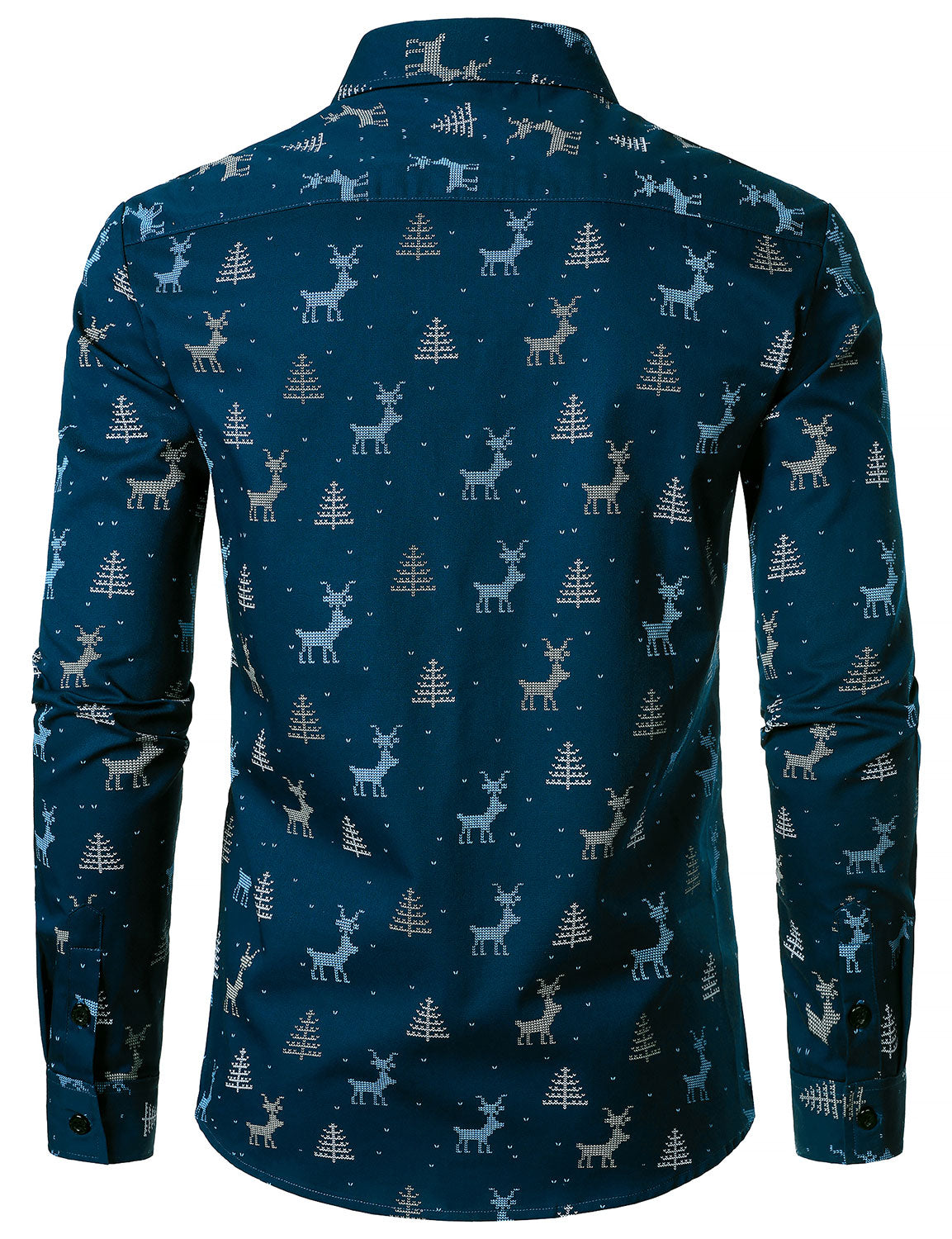 Camisa azul marino de manga larga para hombre con estampado de alce y árbol de Navidad transpirable