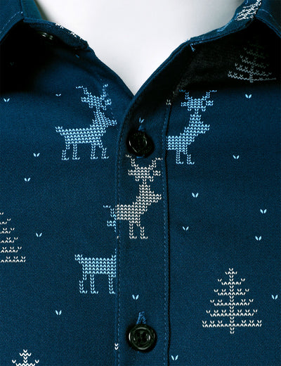 Camisa azul marino de manga larga para hombre con estampado de alce y árbol de Navidad transpirable