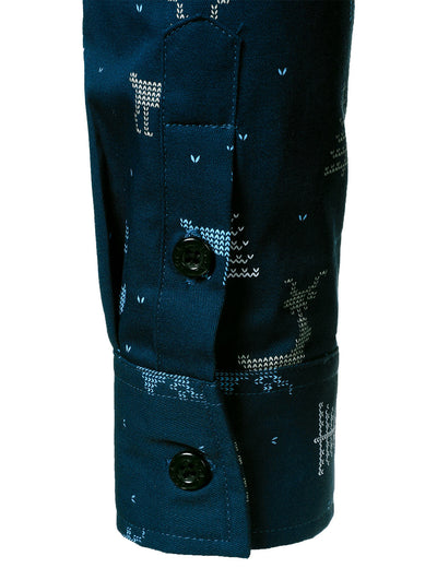 Camisa azul marino de manga larga para hombre con estampado de alce y árbol de Navidad transpirable