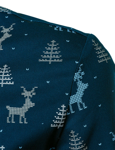 Camisa azul marino de manga larga para hombre con estampado de alce y árbol de Navidad transpirable