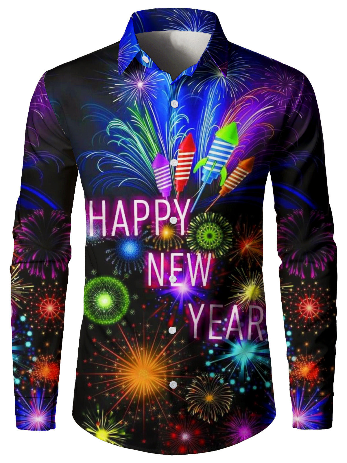 Camisa de manga larga para hombre con estampado de fuegos artificiales de Año Nuevo